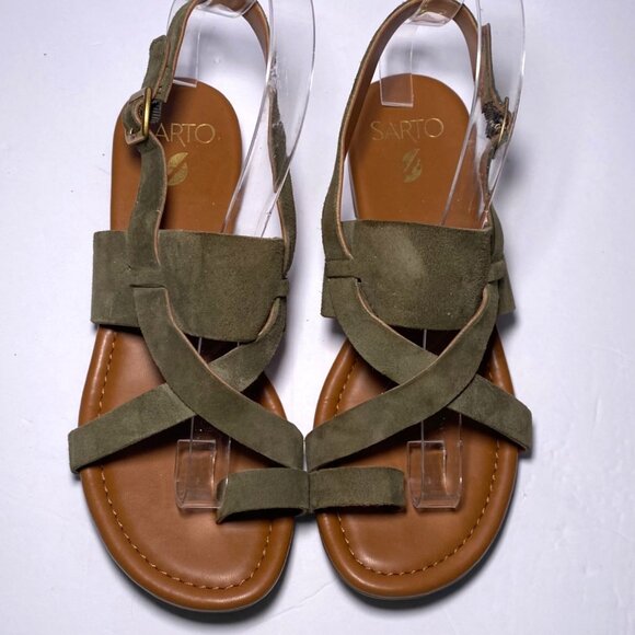 Franco Sarto Womens Olive Green Suede Strap Sandals Sz 8 Buckle Closure Toe Loop - Picture 3 of 7